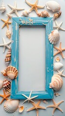Summer time concept, wooden blue retro frame with seashells and starfish with empty space for text or image