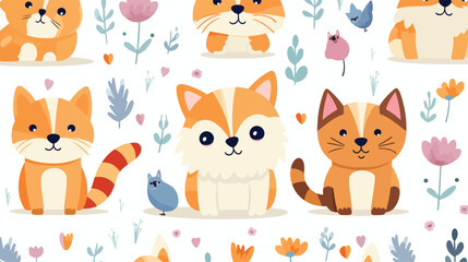 Seamless pattern with adorable cat and dog on white