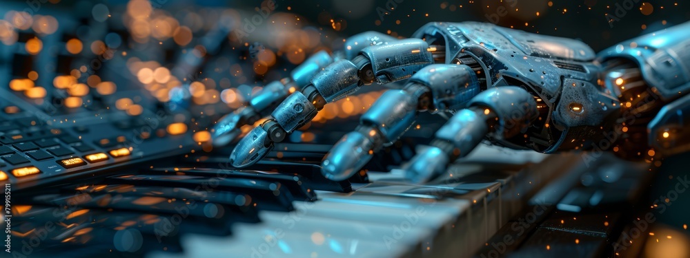 Poster ai composing music - futuristic ai system conducting orchestra of digital instruments