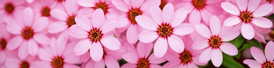 Obraz premium Top view of pink flowers, banner flat lay. Wedding decoration background. Backdrop for greeting card, valentine day, women day. Summer gardening concept.