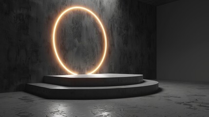 Decorative 3D white step podium with neon ring backdrop. White minimal wall scene for product display presentation. Modern geometric rendering platform.
