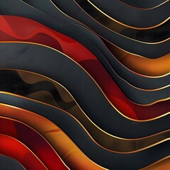 Abstract waves with gold lines, red, and black colors on transparent background