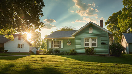 A gentle jade house with siding, blending seamlessly with the lush suburban environment, under a...