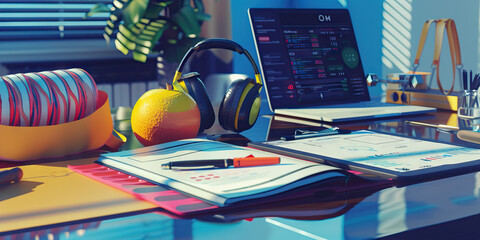 Close-up of a fitness instructor's desk with workout plans and fitness trackers, showcasing a job in fitness training