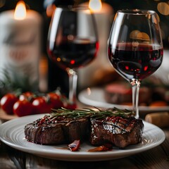 A romantic dinner setting with a delicious steak, a glass of wine, and lit candles on a plate