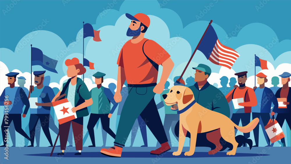 Poster a veteran with ptsd finding solace in their service dog as they navigate through a crowded protest m