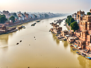 The scenery on both sides of the Ganges River in India, the mother river of India, natural...