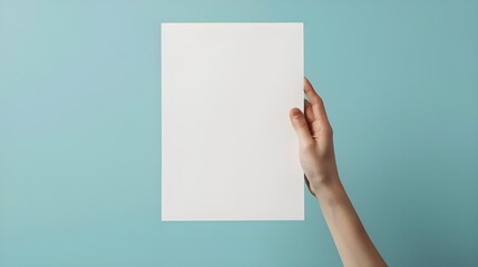 blank empty paper in man hand and wear navy blue shirt on white background.asian people ai generated 