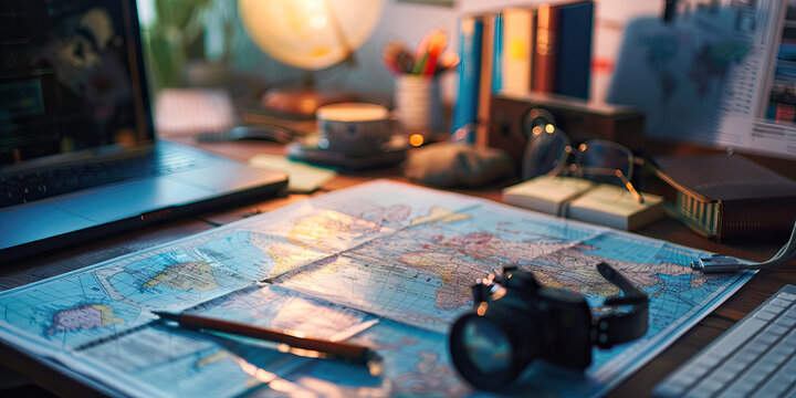 Close-up of a geographer's desk with maps and geographical data, representing a job in geography.