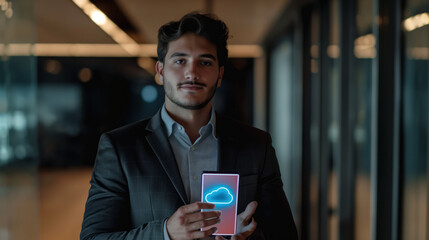 Confident entrepreneur in a modern office holding a phone showing a cloud computing icon