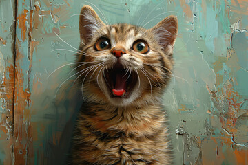 A cute kitten with its mouth open wide in a very happy expression. Created with Ai