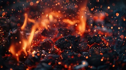 Fototapeta na wymiar Macro photography of wood embers popping, sending tiny fire sparks into the air, perfect for themes of energy and transformation, , moody lighting