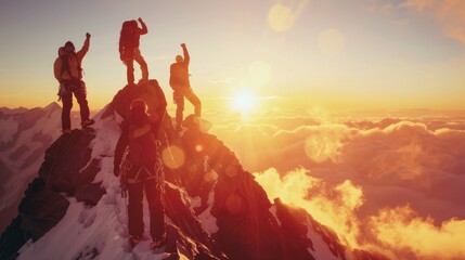 A team of climbers reaching the summit at sunrise, fists raised in triumph, symbolizing extraordinary achievement against all odds, , moody lighting