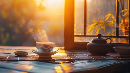 The soft glow of sunrise illuminating a morning tea ritual - Powered by Adobe