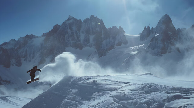 A freestyle snowboarder performing tricks in a snowpark against a backdrop of towering peaks. Epic shot.


