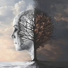 Woman's head with tree growing out, vector art on transparent background, golden 3D concept design