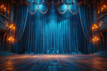 A dramatic stage with ornate blue curtains, illuminated in the style of golden chandeliers. Created with Ai