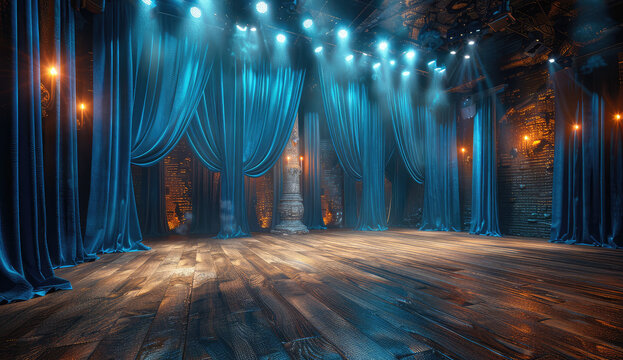 The background is the stage of an old theater with blue curtains and wooden floors. Created with Ai