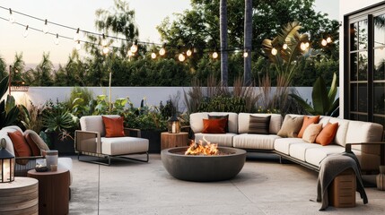 Elegant outdoor terrace with modern furniture and warm fire pit under evening lights