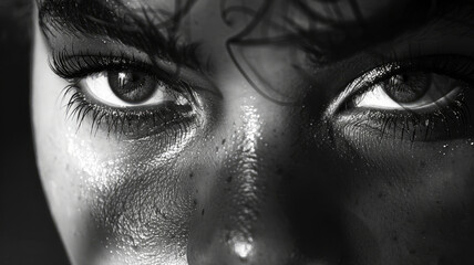 Close-up of a young woman's eyes in black and white.