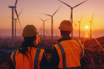two engineers in high vis jackets and hard hats looking at wind turbines on the horizon, renewable energy, high resolution photography, epic details, full body shot, natural lighting. Generated AI