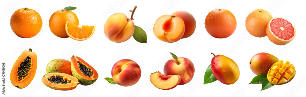 Canvas Prints collection of orange yellow fruits, oranges, apricot, grapefruit, papaya, peach, mango on transparen - Canvas Prints