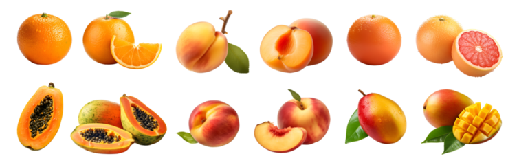 Collection of orange yellow fruits, oranges, apricot, grapefruit, papaya, peach, mango on transparent background cutout, PNG file. Mockup template for artwork design