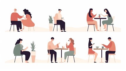 Minimalist character illustrations in Notion style, white background, with a group of people sitting at a table