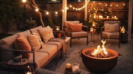 Cozy evening on a beautifully lit outdoor terrace featuring a fire pit and comfy furniture