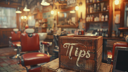Close-up of a tip box in the interior of a vintage barbershop.