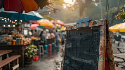 An empty chalkboard menu at a street market