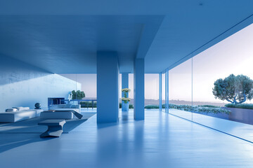Minimalist blue home featuring expansive windows and a high-end open living area overlooking serene views.