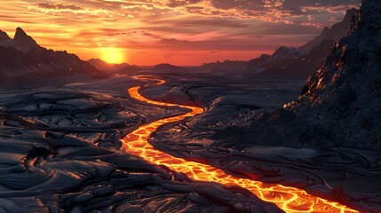 Fiery Flows Molten Rivers Carving Through a Dramatic Volcanic Landscape