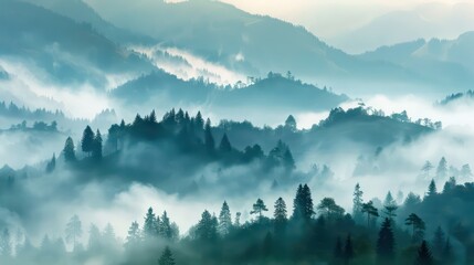 Beautiful Landscape of mountain layer in morning sun ray and winter fog,Fog-Kissed Pines: Aerial Panorama of Nature's Blanket,Sunlight piercing through mist over layered mountain ridges. Generated AI