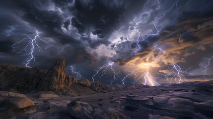 Powerful Electrical Storms Illuminating Rugged Desert Landscape at Dusk