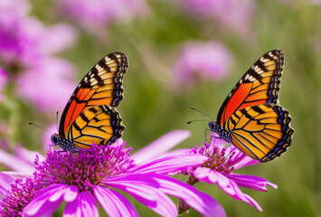 Naklejka premium Macro shot of a vibrant butterfly on alpine flowers, pollinating in a mountainous environment. AI generated.