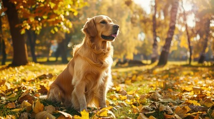 Golden retriever outdoors in a park in autumn season,Golden retriever walking outdoors during autumn surrounded by fallen leaves,Dog, golden retriever jumping through autumn. Generated AI