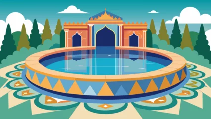 Fotobehang An ornate reflection pool adorned with intricate mosaic tiles inviting individuals to contemplate the complexities of our history and the ongoing. Vector illustration © Justlight