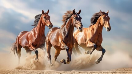 Group of horses running gallop in the desert,Horses with Long Mane Portrait Run Gallop in Desert,Group of horses running gallop in the desert. Generated AI