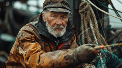 Obraz premium An elderly fisherman working with gear.