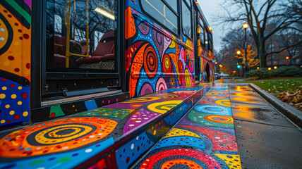 A colorful painted bus on a city street - Powered by Adobe