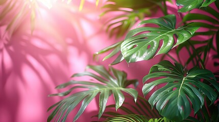Pink background with green leaves.