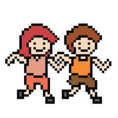 Cute pixel cartoon 8bit character man woman run together running lifestyle vector decoration life style 8 bit run together love marathon bib exercise vector.