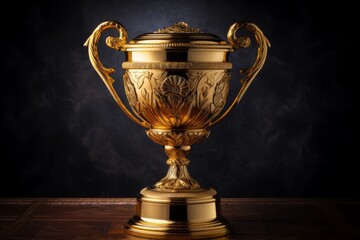 Fototapeta na wymiar Image of gold cup, concept for winning or success. Champions award, sport victory, winner prize concept. Competition success, first place, best win symbol. High quality photo