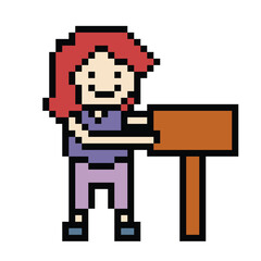 Vector Cute pixel cartoon character woman hold wooden sign wood board vector decoration 8 bit female with blank space sign wooden pixel game.