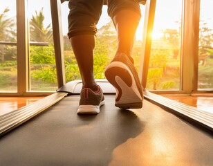 Close-up of man's feet on a treadmill running at the gym or at home, african american