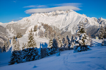 The summit of Presolana in a snowy winter landscape, Italian Alps, Lombardy, Italy.
