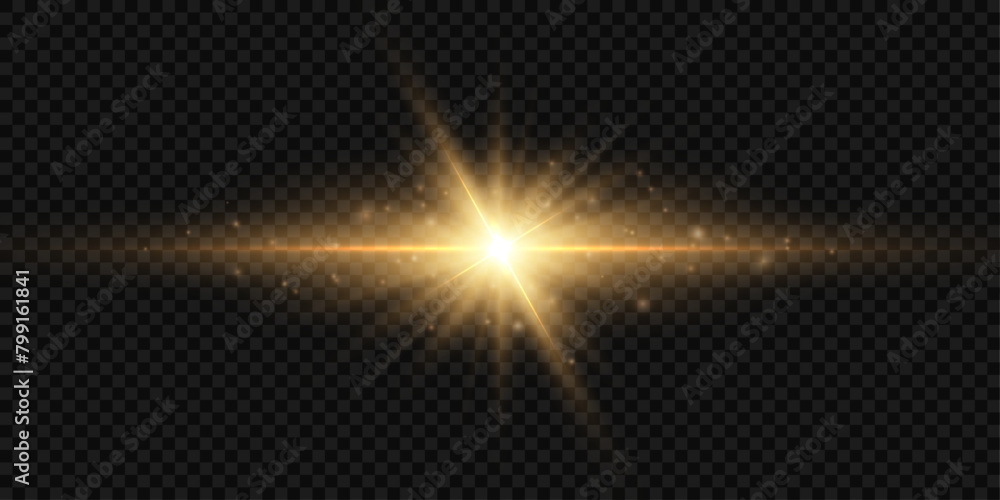 Poster horizontal lighting effects. bright golden shimmering translucent light on a transparent background.