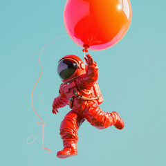 Astronaut in red space suit floating in space with a red balloon in a 3d ing