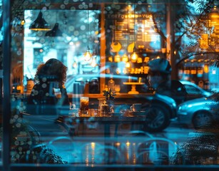 friends are sitting in a restaurant and talking. We see reflections of the street, the traffic and lights in the window